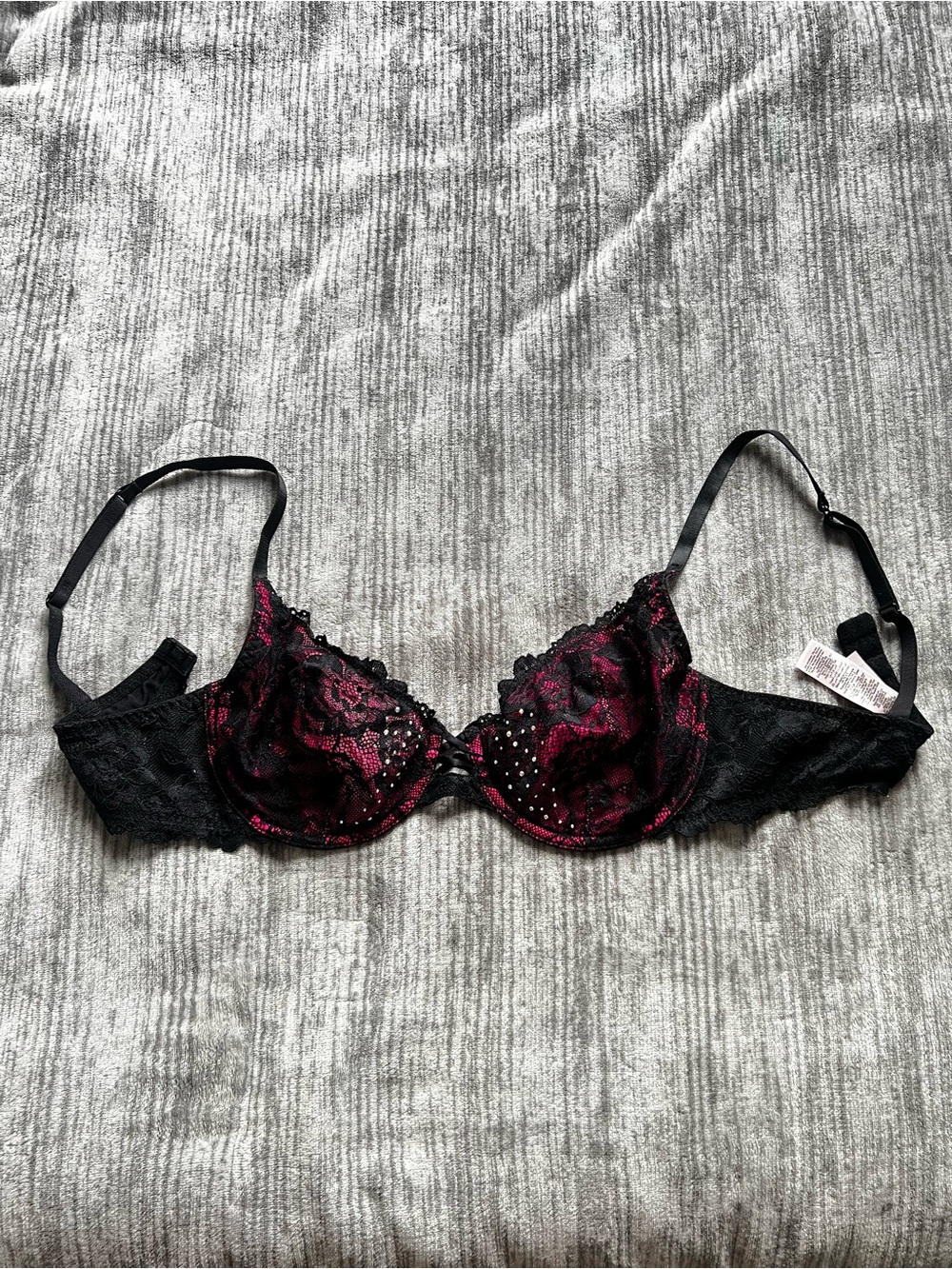 LaSenza Black & Fuchsia Lace Underwire Bra with Rhinestone Accents